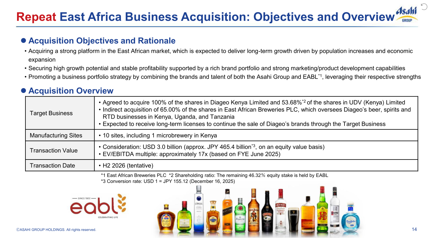 Overview of Asahi's agreement to acquire Diageo's East Africa business, including target business, manufacturing sites, transaction value, and transaction date