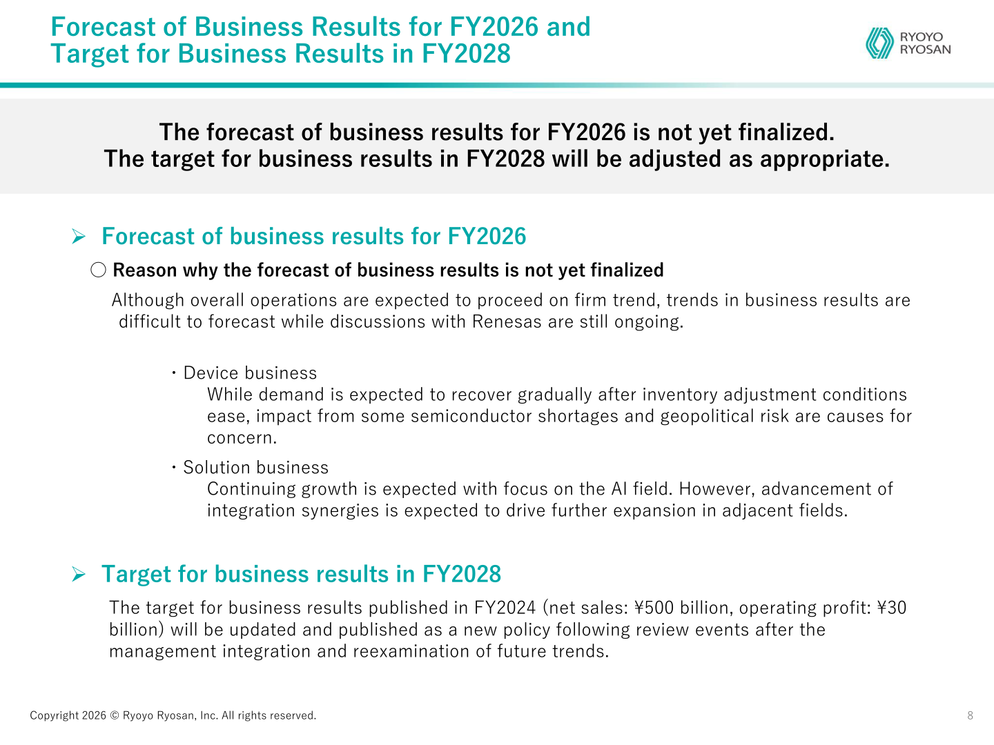 Slide explaining that the FY2026 business forecast is not yet finalized and that the FY2028 target will be updated