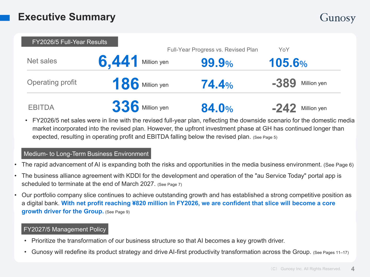 Gunosy FY2026/5 executive summary showing net sales, operating profit and EBITDA against the revised plan