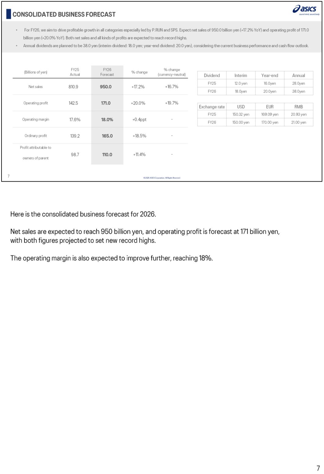 Consolidated business forecast table showing FY25 actual versus FY26 forecast for net sales, operating profit, operating margin, ordinary profit and profit attributable to owners of parent, plus dividend and assumed exchange rate tables