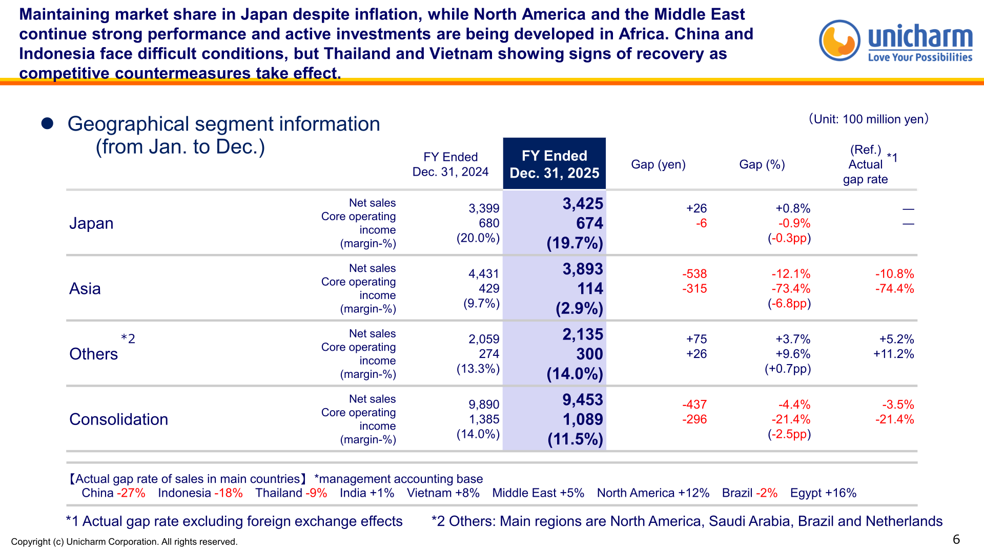 Geographical segment information for the fiscal year ended December 31, 2025, showing net sales and core operating income for Japan, Asia, Others and Consolidation.