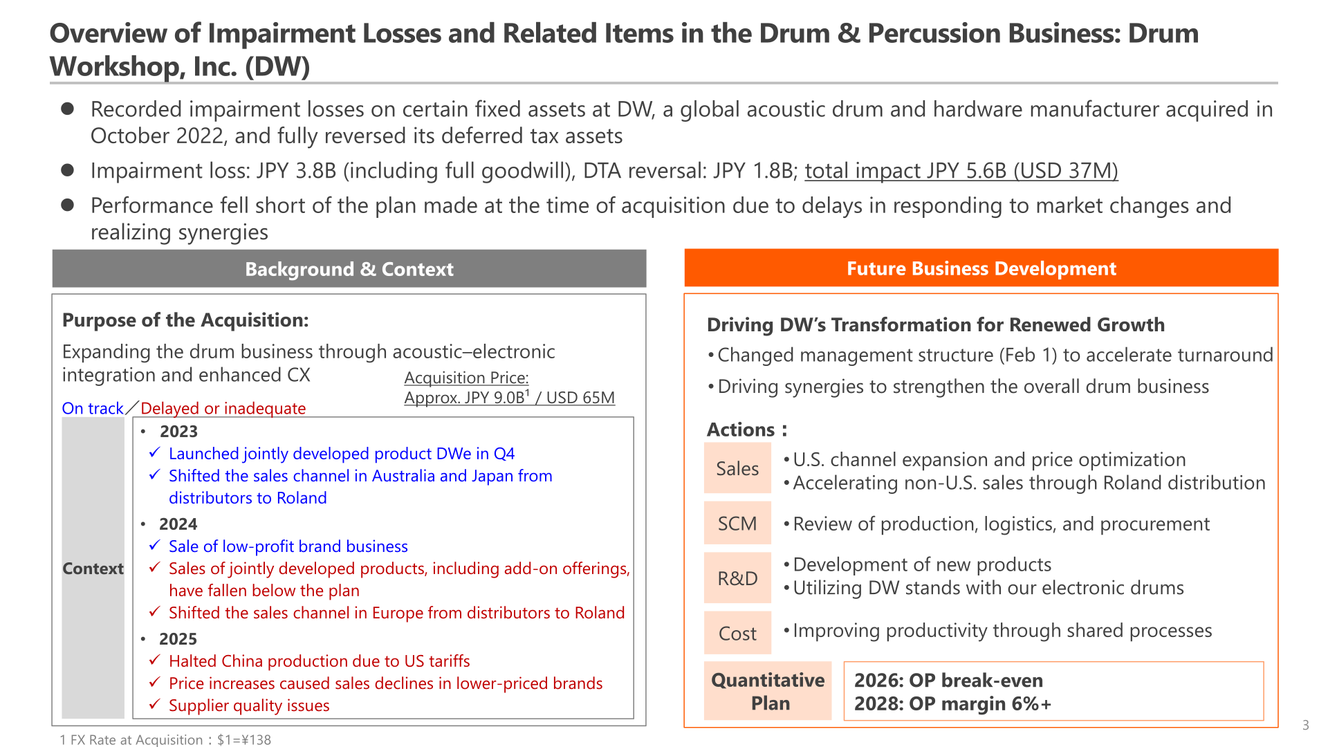Overview of impairment losses and related items in the Drum & Percussion business (Drum Workshop, Inc.)