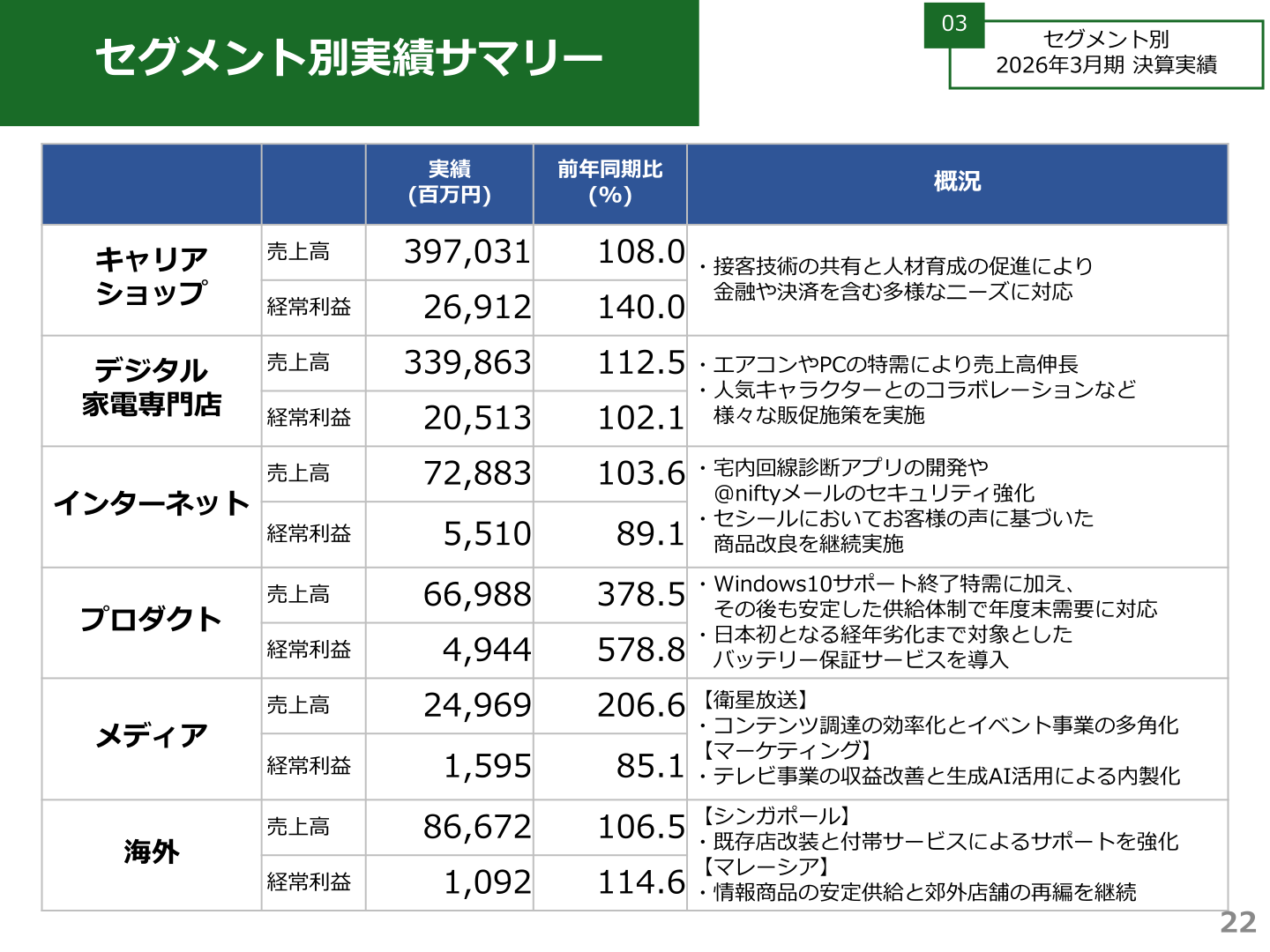 Summary of results by segment