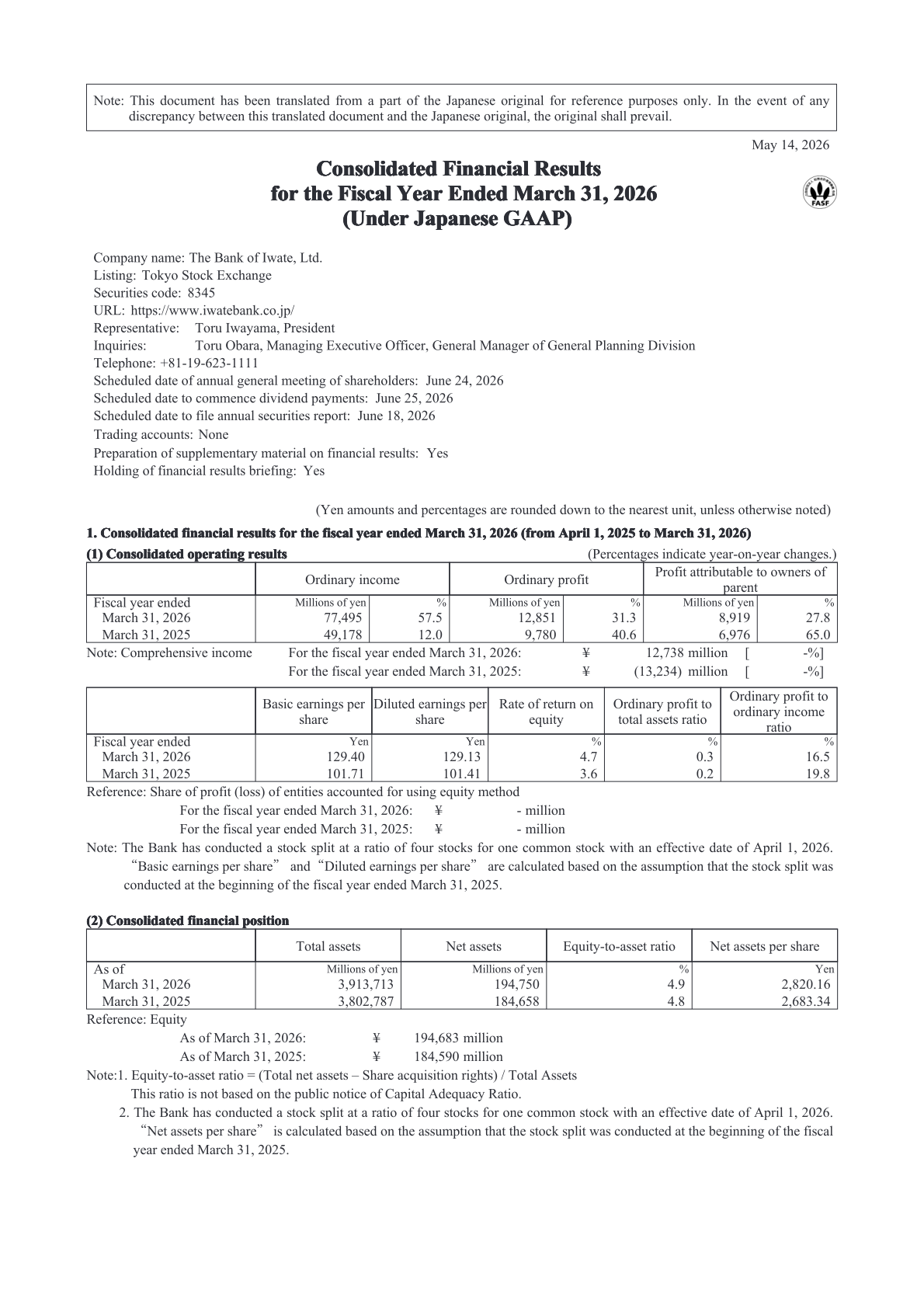 Consolidated operating results and financial position table