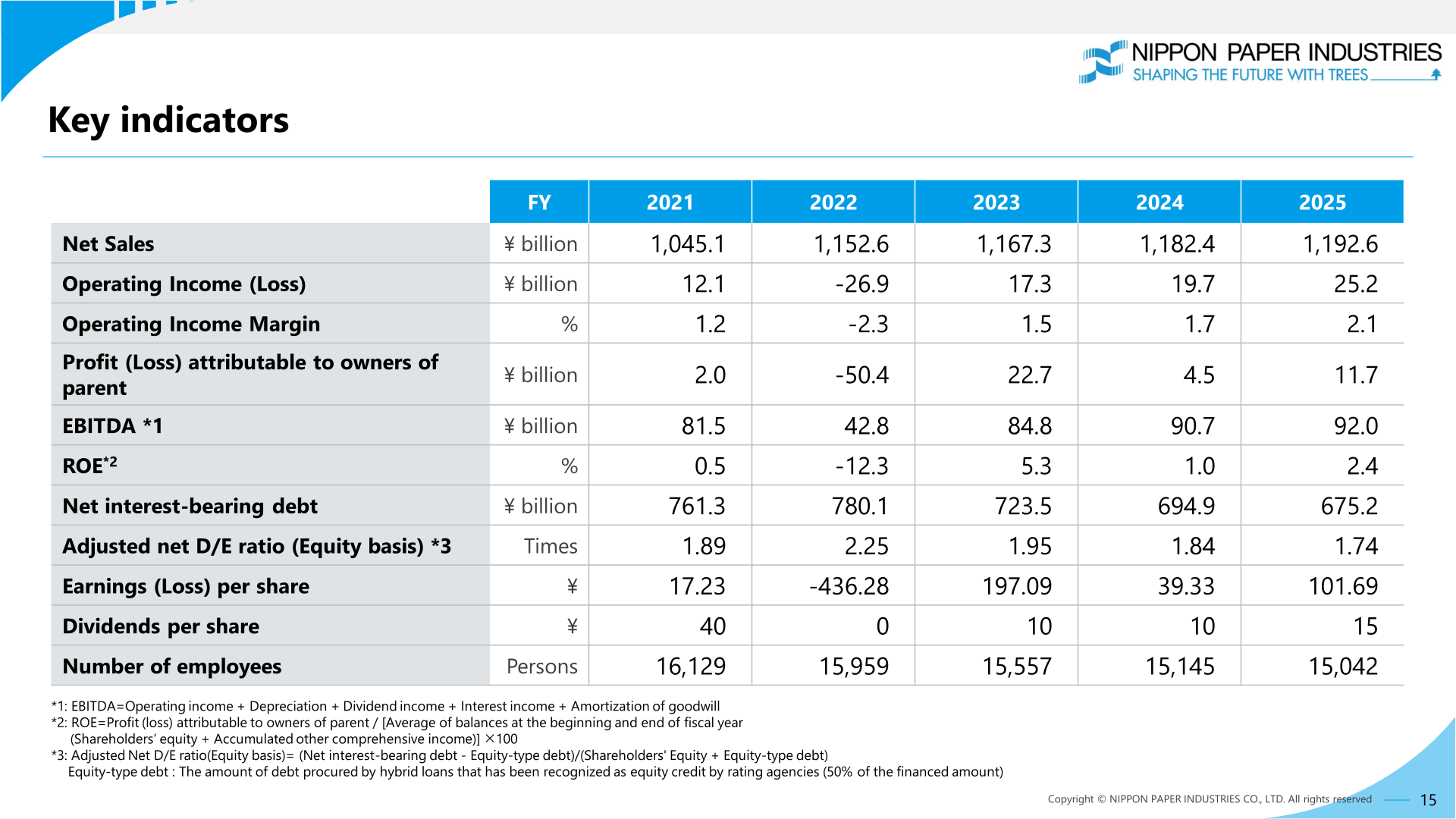 Nippon Paper Industries key indicators including dividends per share, fiscal years 2021 to 2025