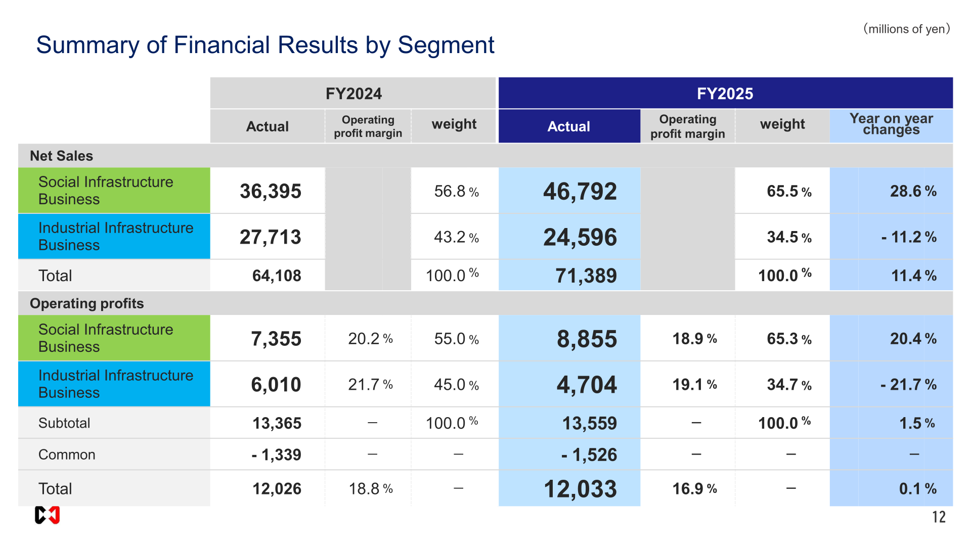 Summary of financial results by segment for FY2025 and FY2024