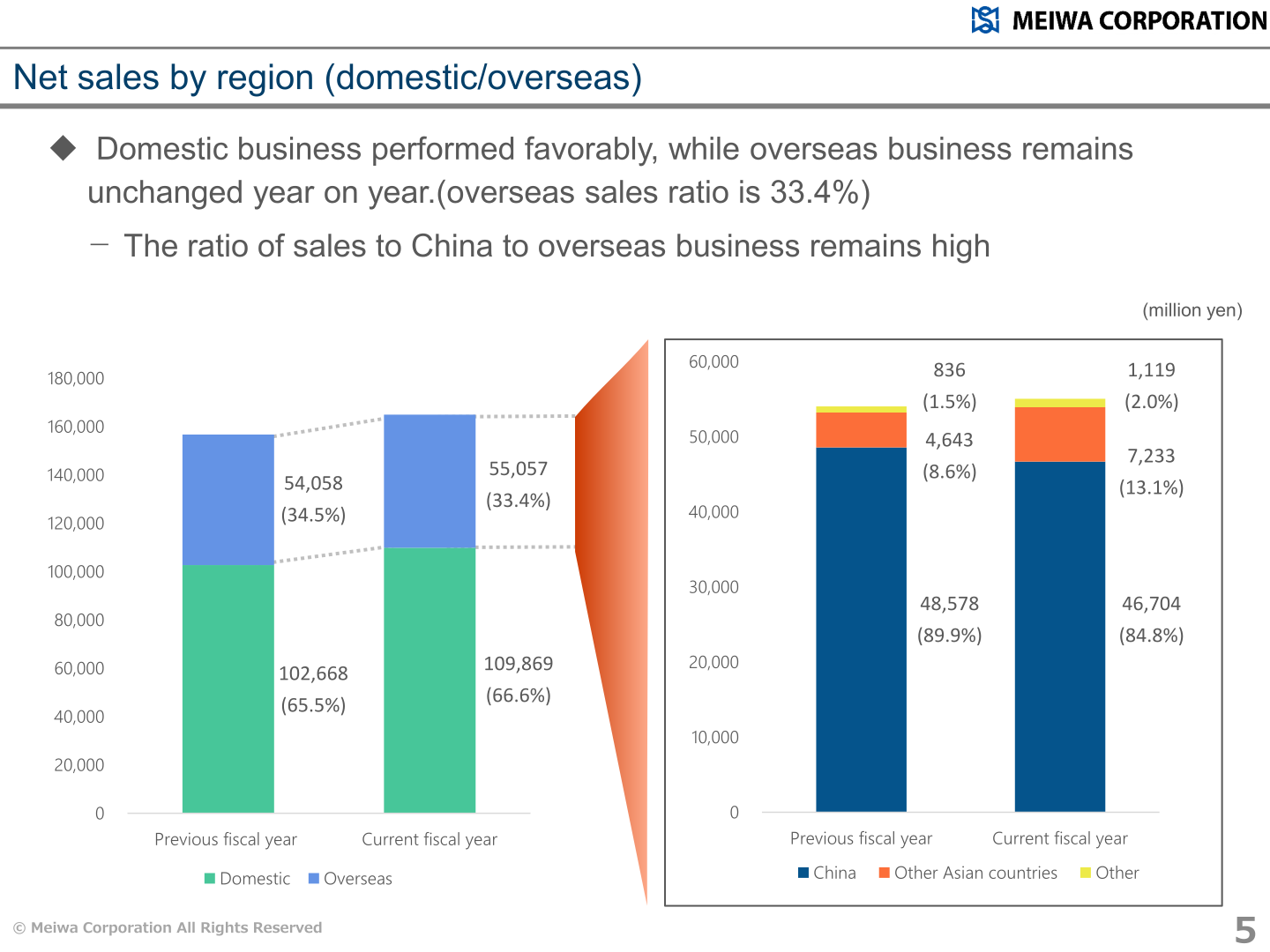 Net sales by region chart comparing domestic and overseas sales, and overseas sales by China, other Asian countries, and other regions