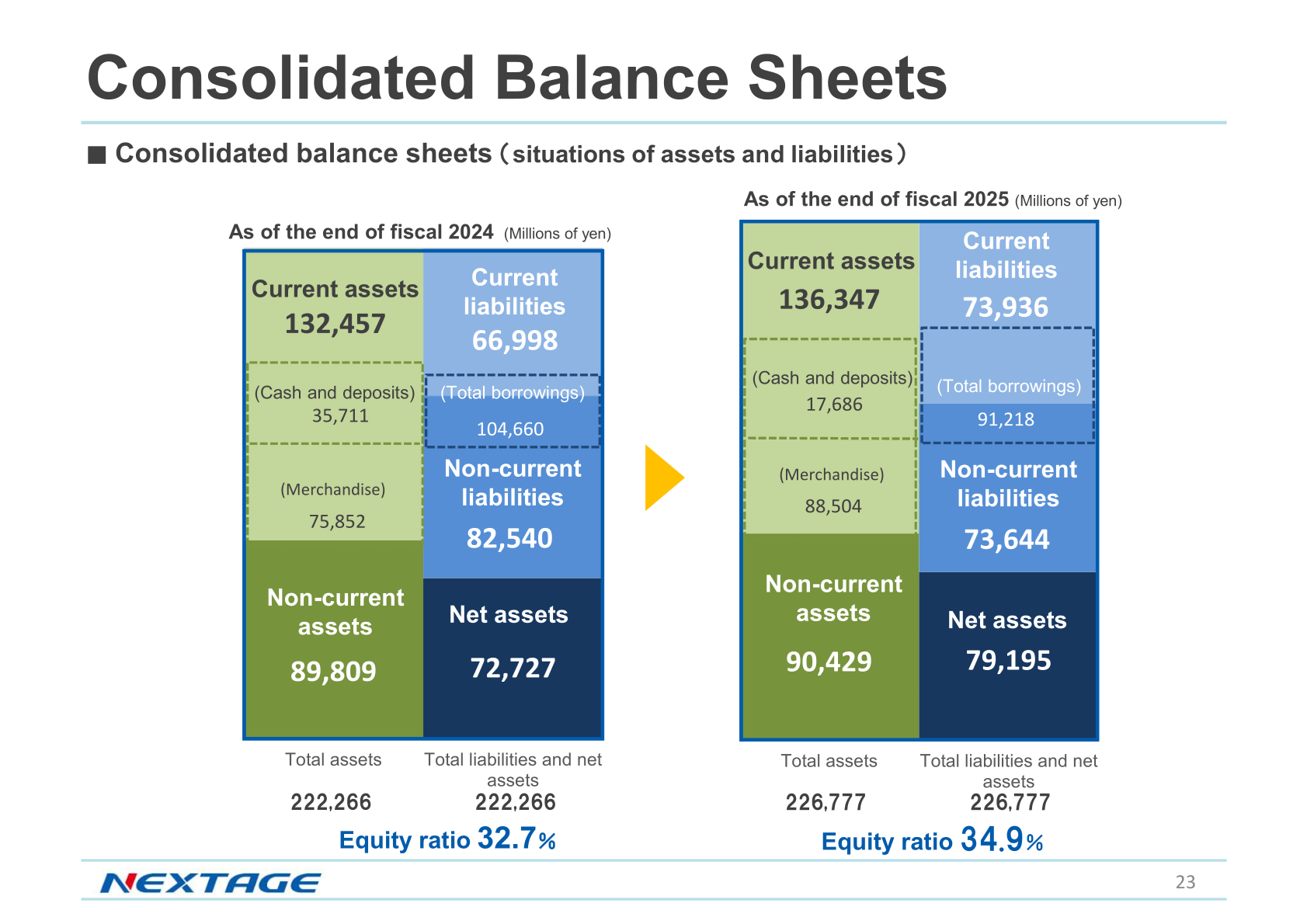 Consolidated balance sheet composition at end of FY2024 and FY2025 with equity ratio