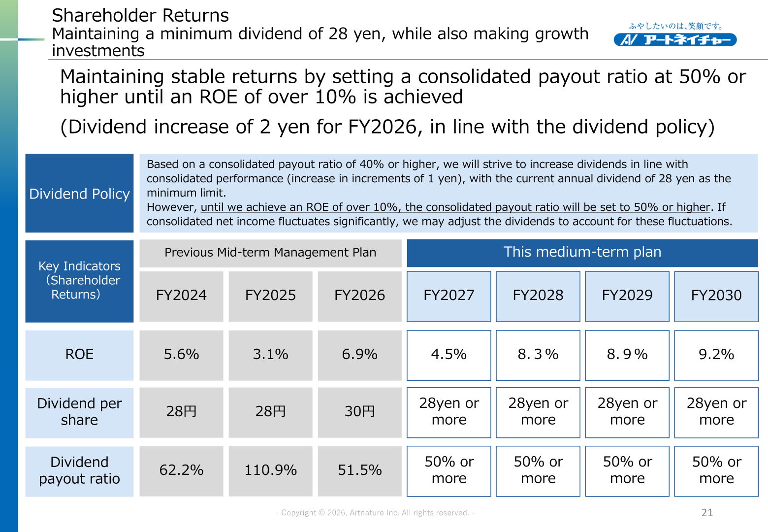 Shareholder returns key indicators table showing dividend per share, payout ratio and ROE