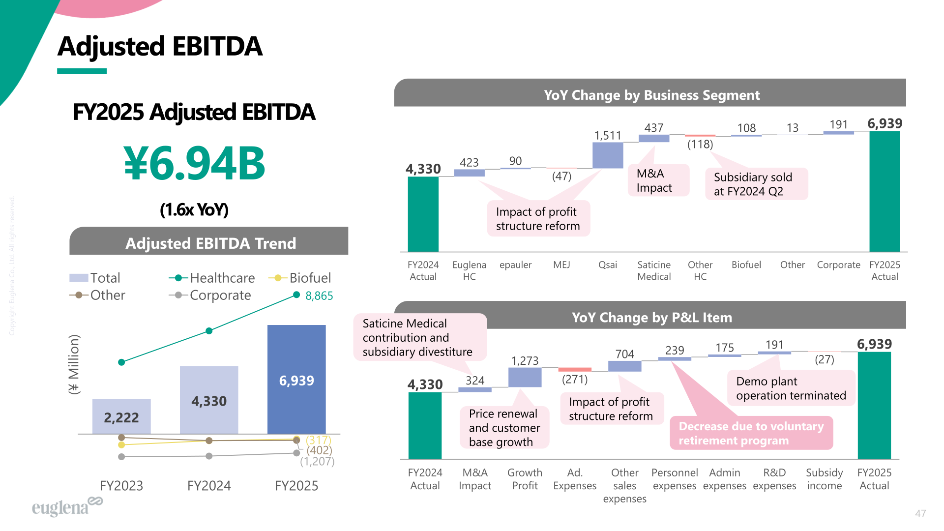 Adjusted EBITDA trend and year-on-year change by business segment and by P&L item