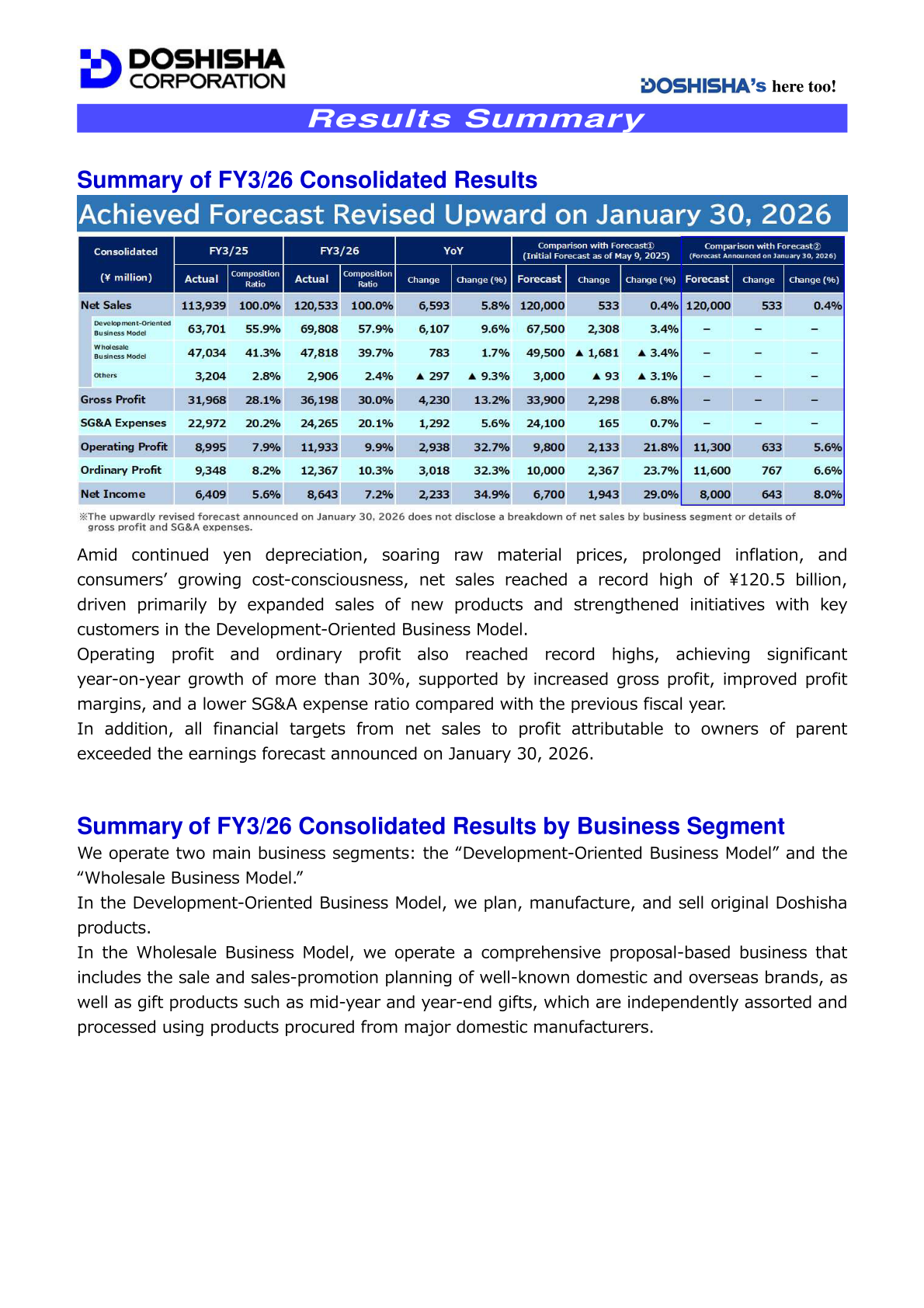 Summary of FY3/26 consolidated results table comparing actual results with the previous fiscal year and with the initial and revised forecasts