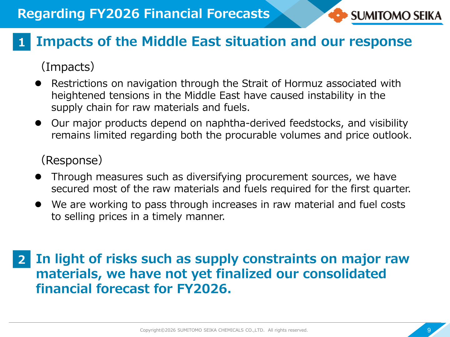 Sumitomo Seika slide on the impacts of the Middle East situation and the status of its FY2026 financial forecast