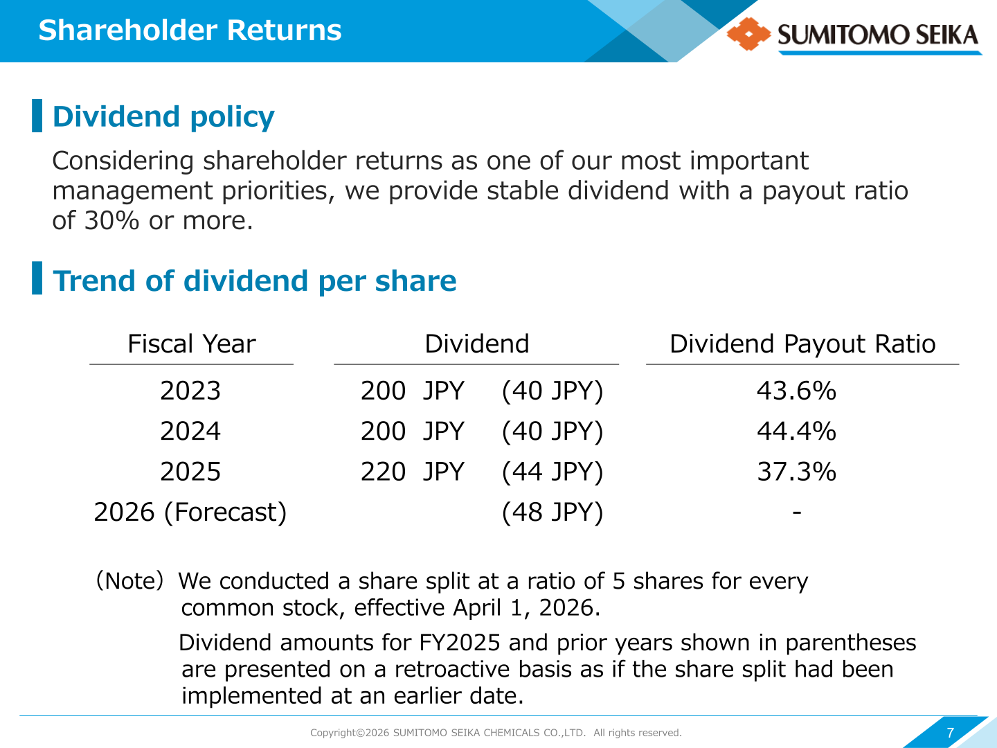 Sumitomo Seika dividend policy and trend of dividend per share and payout ratio from FY2023 to FY2026 forecast