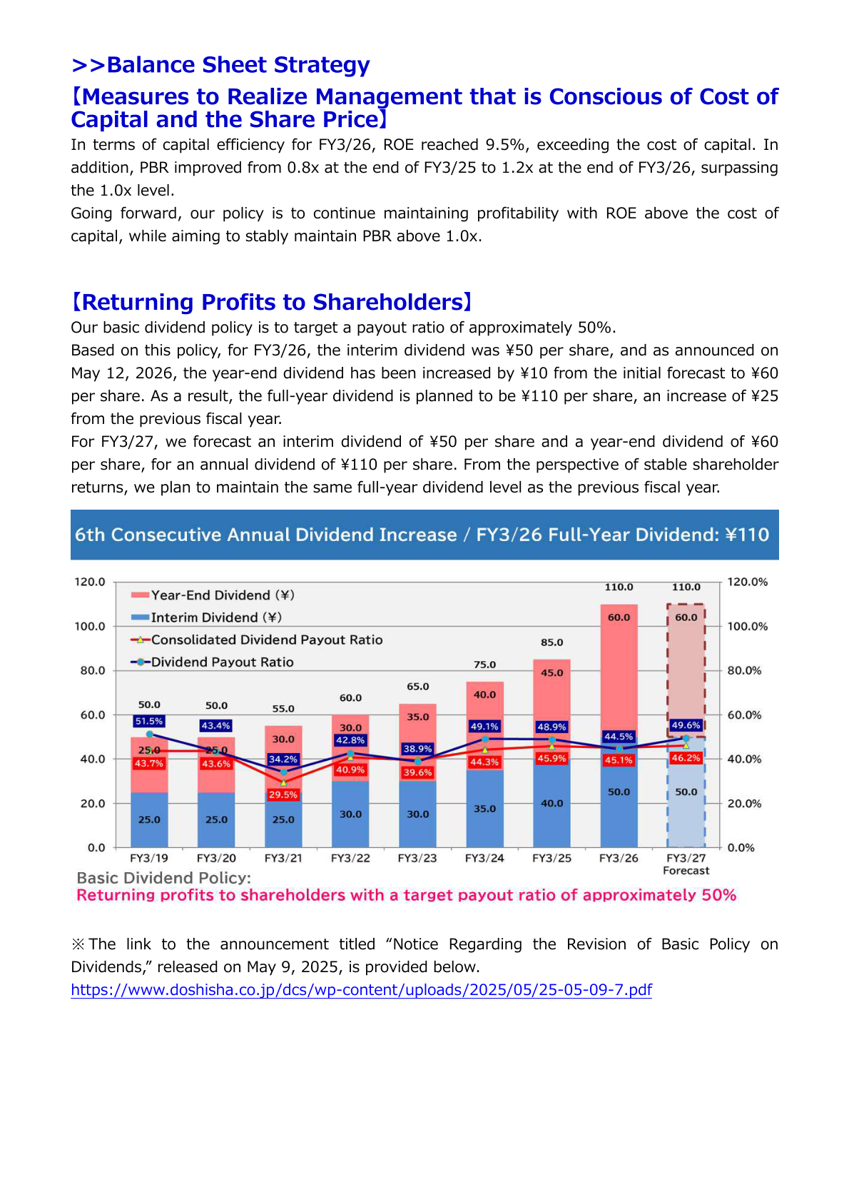 Dividend history chart through FY3/27 forecast showing interim and year-end dividends and payout ratios