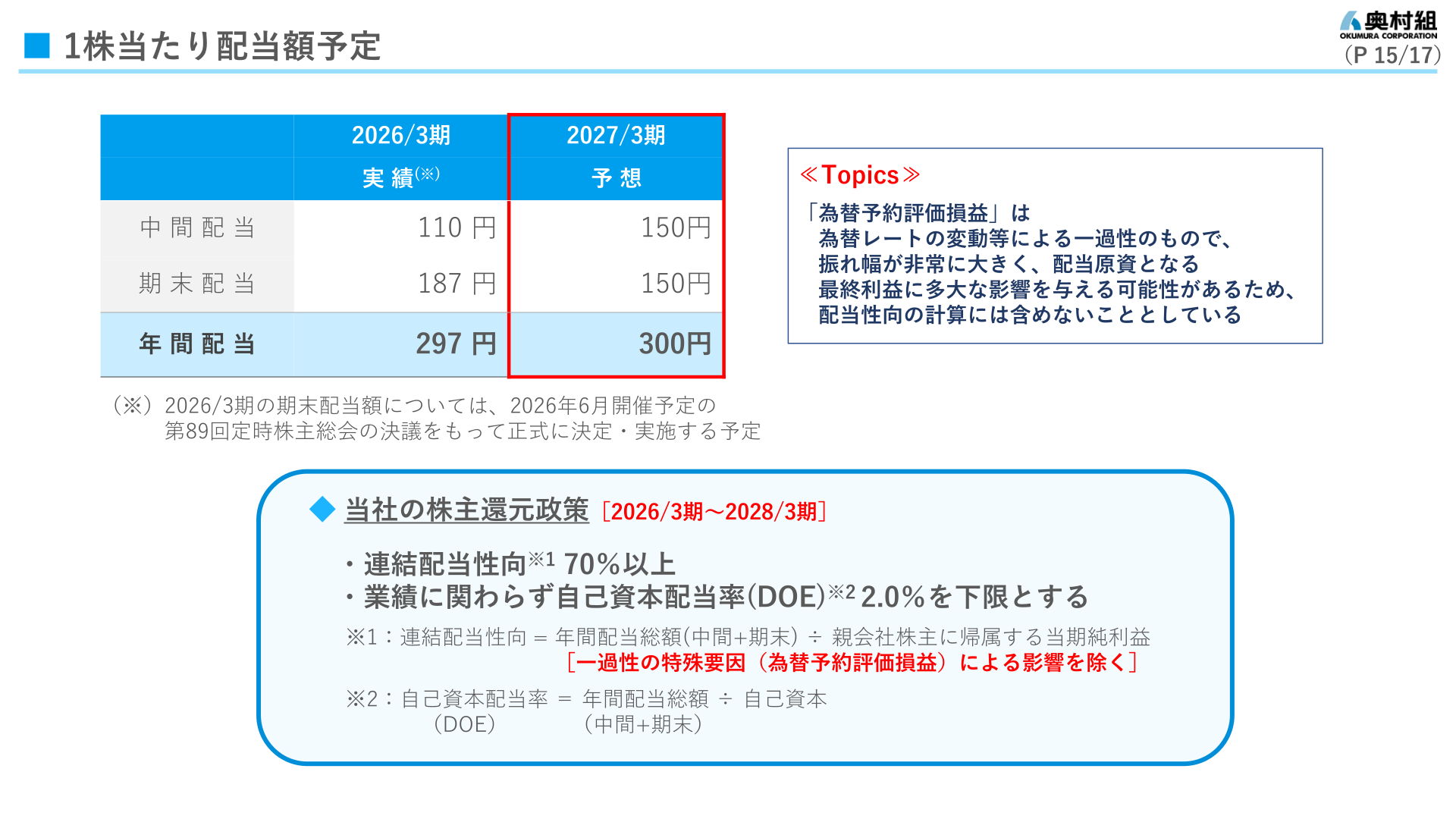 Planned dividend per share and shareholder return policy