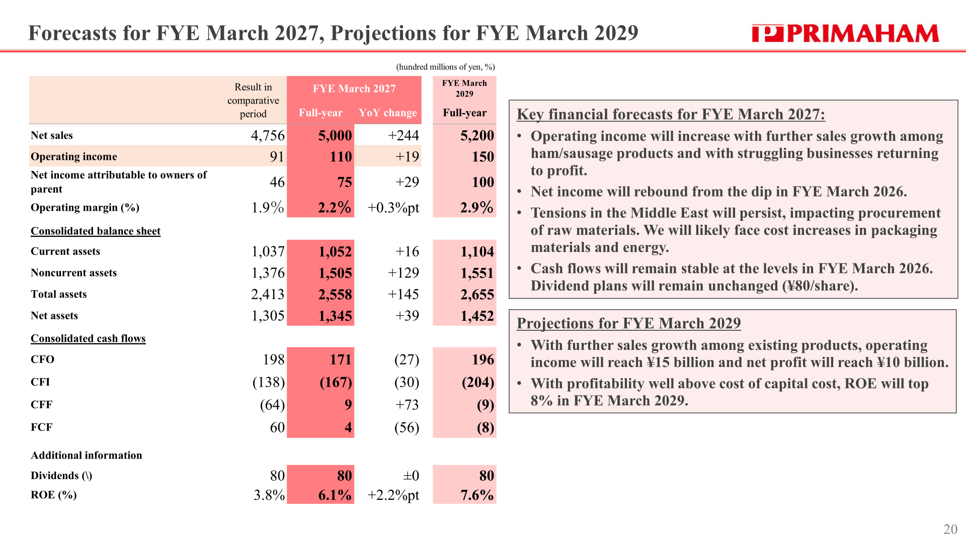 Forecasts for FYE March 2027 and projections for FYE March 2029, covering the income statement, balance sheet, cash flows, dividends and ROE