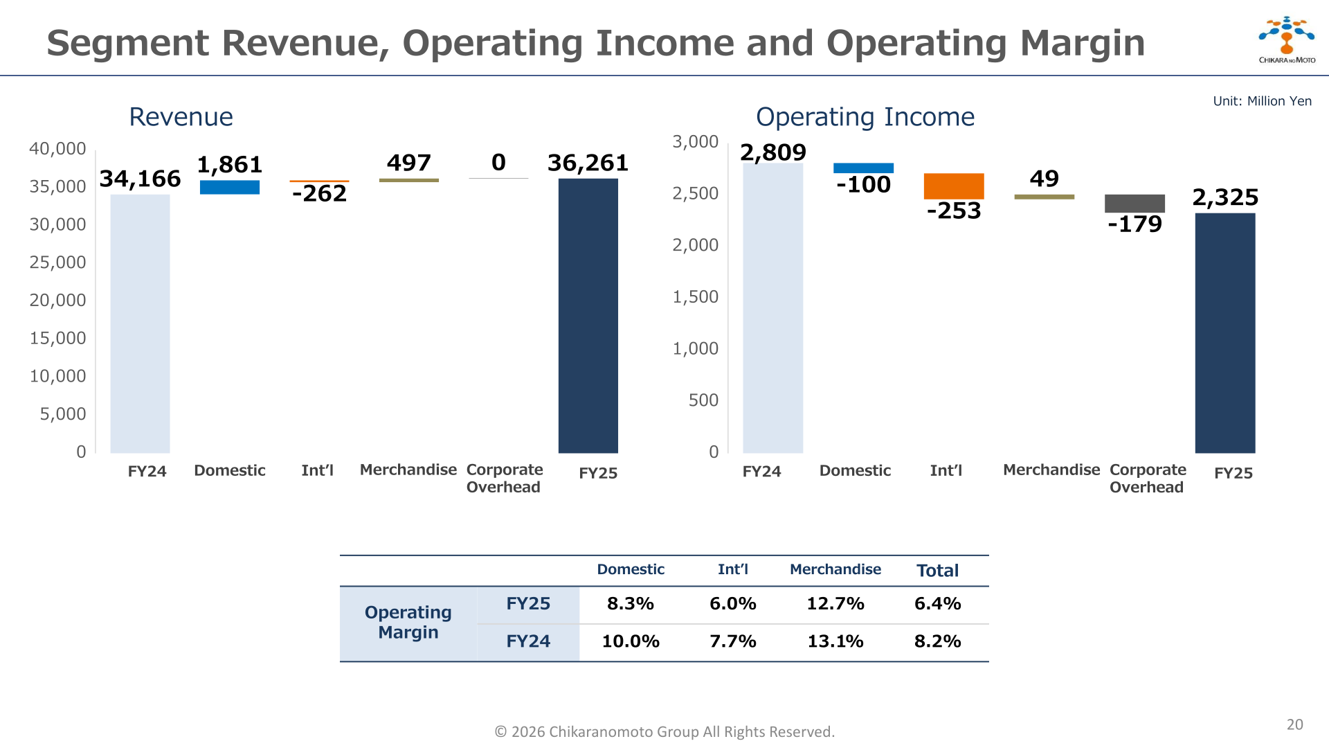 Bridge charts of segment revenue and operating income from FY24 to FY25 with operating margins by segment