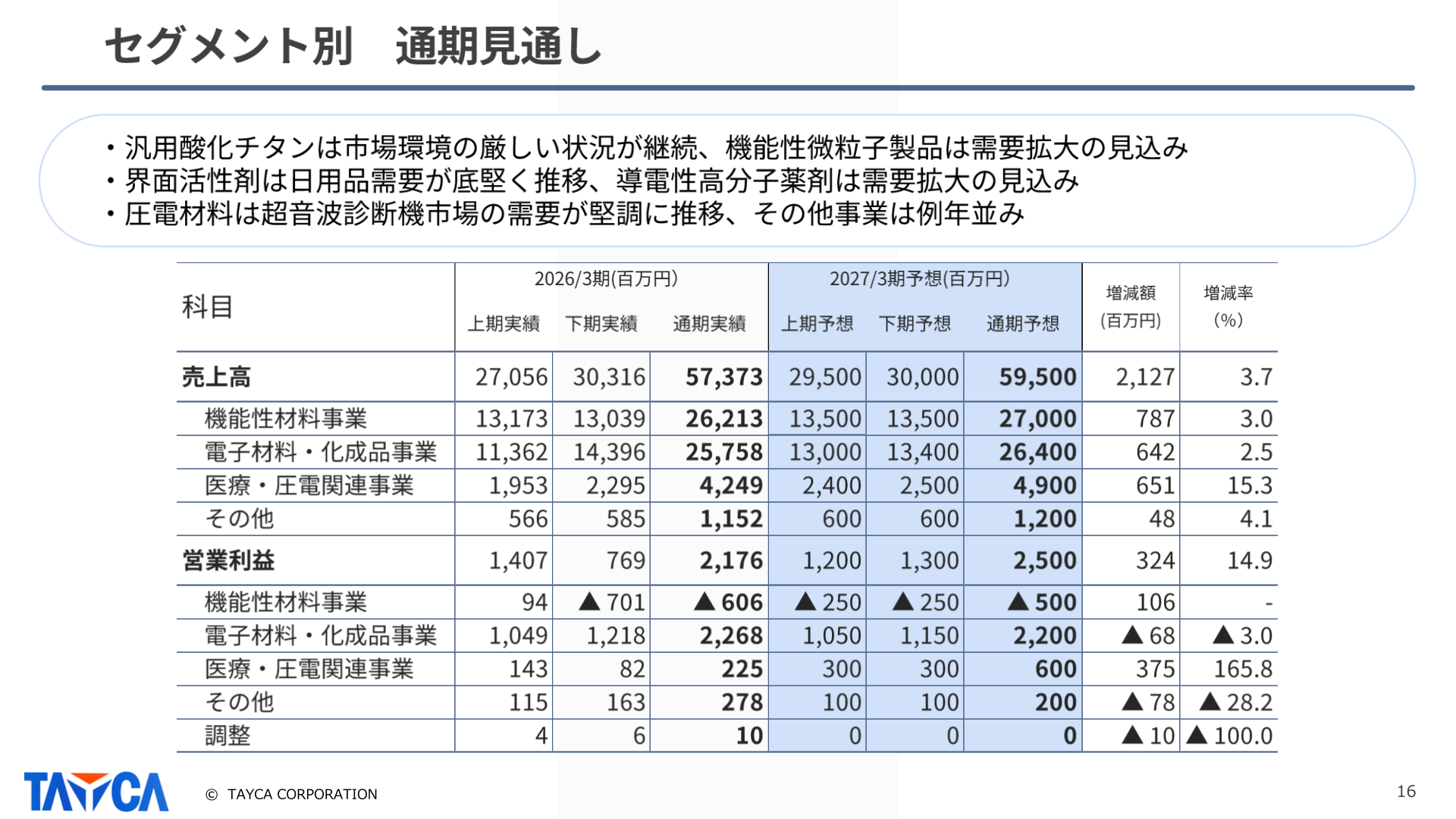Tayca full-year outlook by segment (actual and forecast)