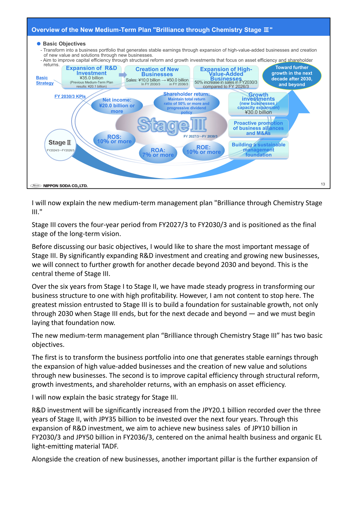 Overview of Nippon Soda's new medium-term plan Brilliance through Chemistry Stage III with FY 2030/3 KPIs