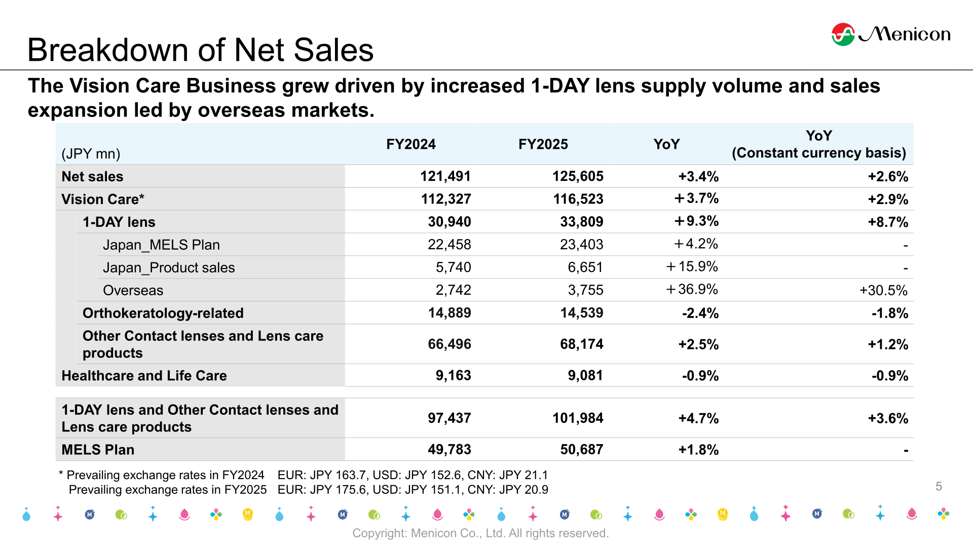 Breakdown of net sales by segment and product line comparing FY2024 and FY2025
