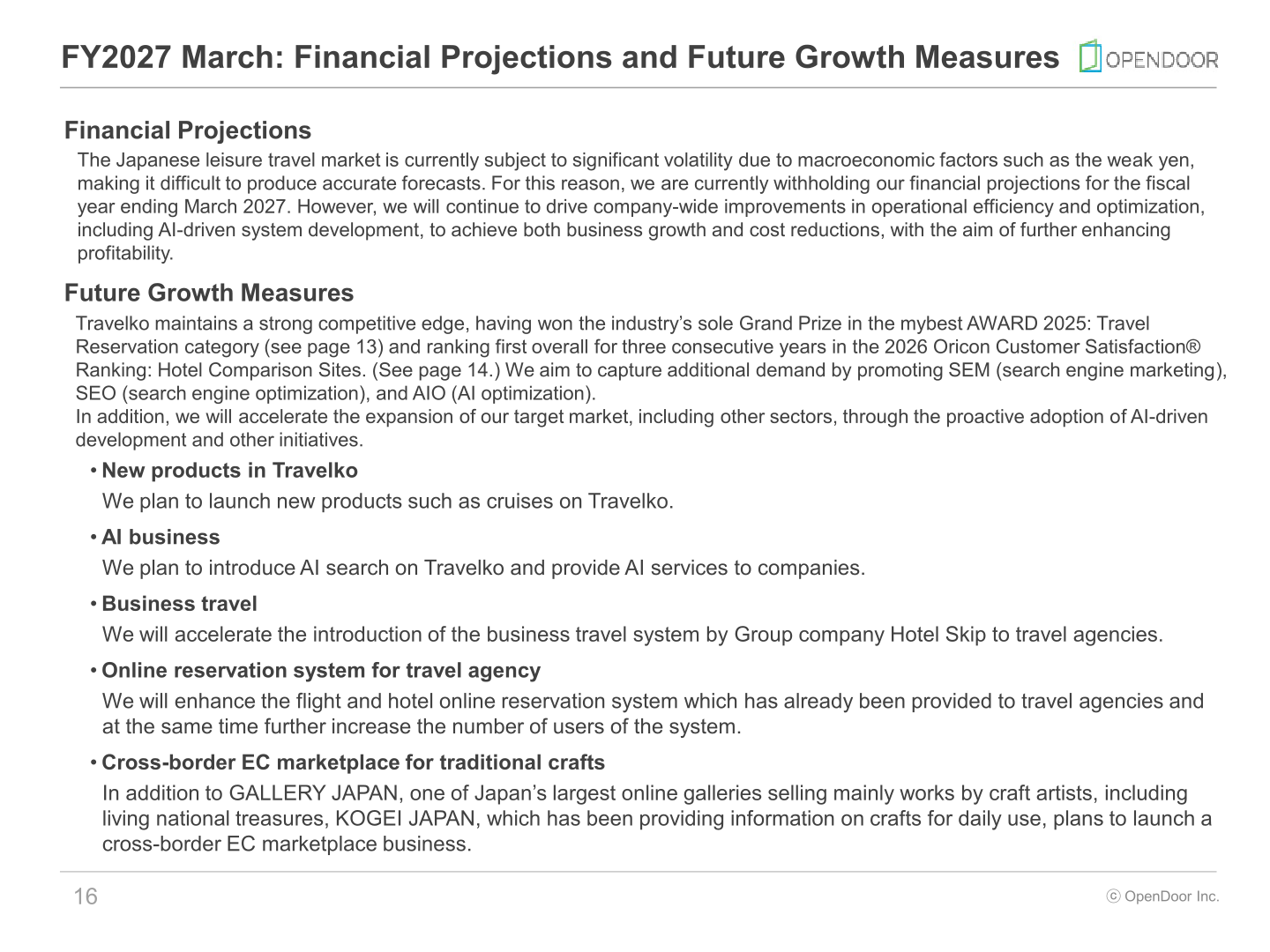 Slide explaining that financial projections for the fiscal year ending March 2027 are withheld, together with a list of future growth measures