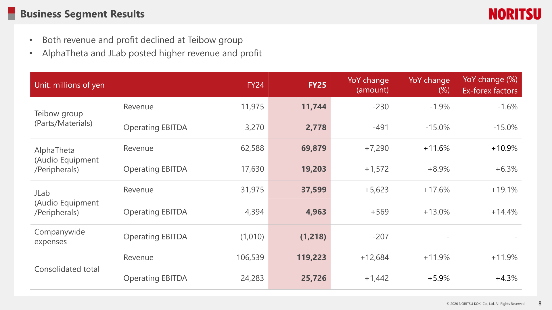 Business segment results table by company, FY24 vs FY25