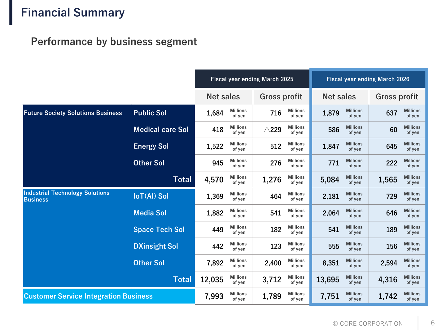 Performance by business segment: net sales and gross profit for the fiscal years ending March 2025 and March 2026