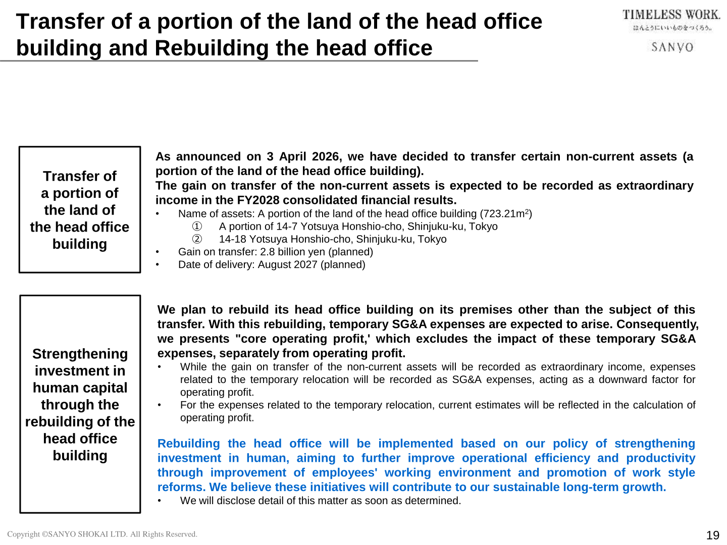 Slide describing SANYO SHOKAI's planned transfer of head office land and rebuilding of the head office building, and the introduction of the core operating profit metric