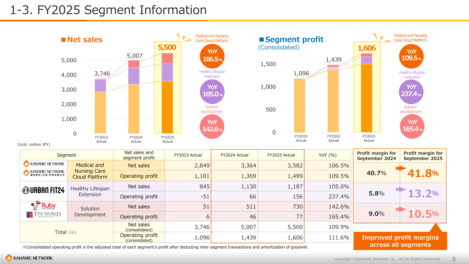 FY2025 segment information slide showing net sales, segment profit and profit margins for three segments